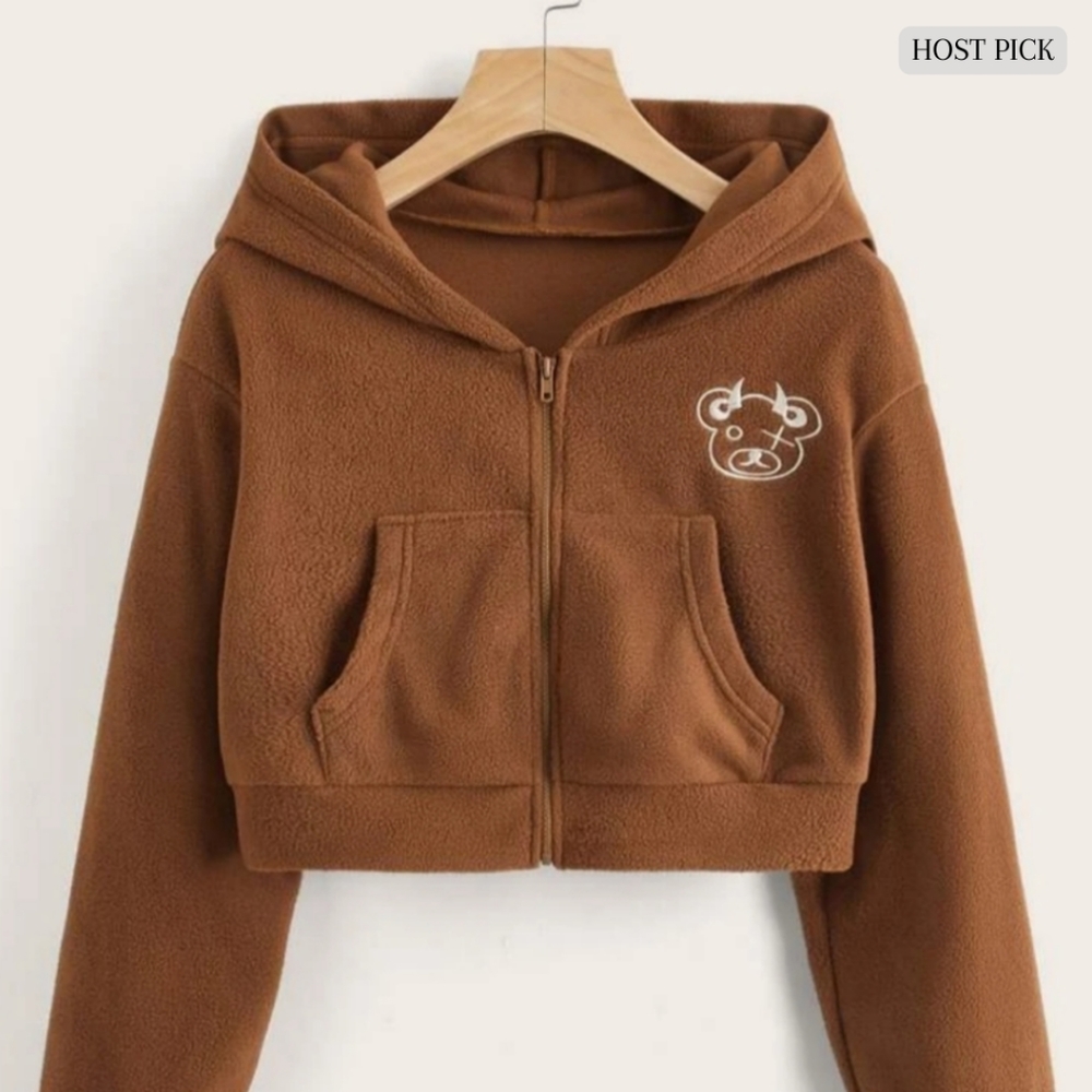 Cartoon Embroidery Crop Teddy Jacket